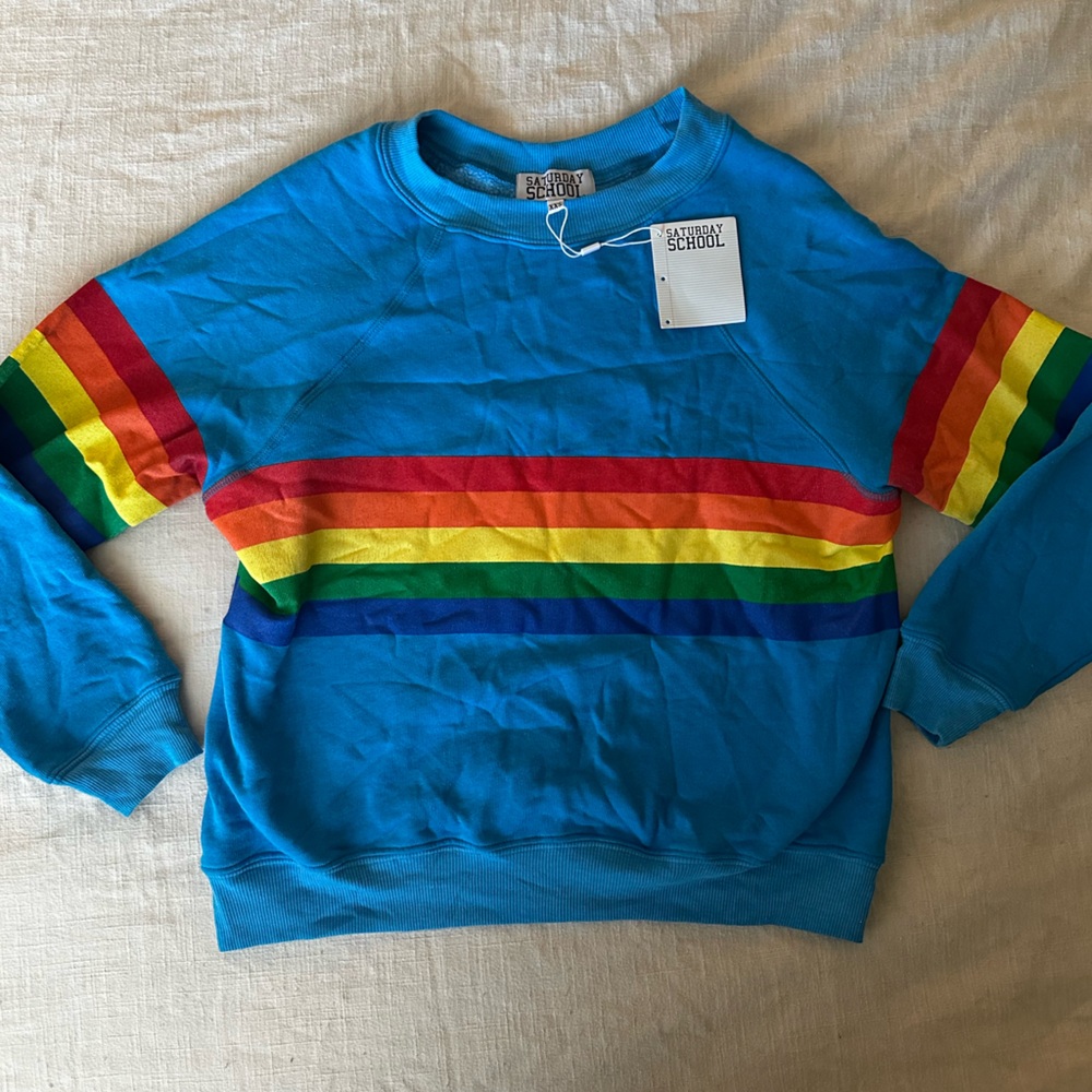 Saturday school rainbow detail blue sweatshirt NWT